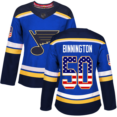 Blues #50 Jordan Binnington Blue Home Authentic USA Flag Women's Stitched Hockey Jersey