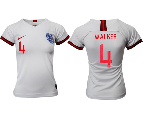 Women's England #4 Walker Home Soccer Country Jersey