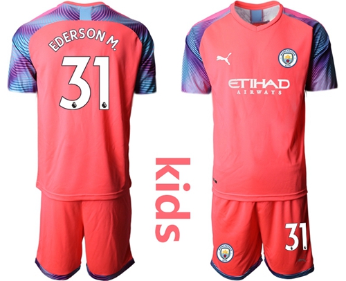 Manchester City #31 Ederson M. Pink Goalkeeper Kid Soccer Club Jersey