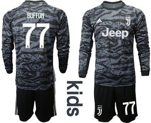 Juventus #77 Buffon Black Goalkeeper Long Sleeves Kid Soccer Club Jersey