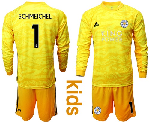 Leicester City #1 Schmeichel Yellow Goalkeeper Long Sleeves Kid Soccer Club Jersey