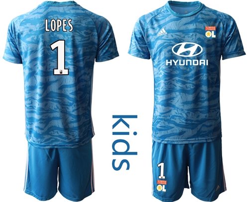 Lyon #1 Lopes Blue Goalkeeper Kid Soccer Club Jersey