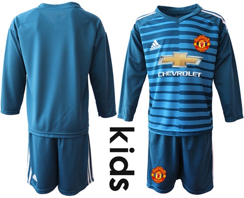 Manchester United Blank Blue Goalkeeper Long Sleeves Kid Soccer Club Jersey