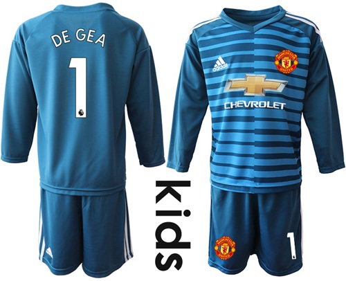 Manchester United #1 De Gea Blue Goalkeeper Long Sleeves Kid Soccer Club Jersey