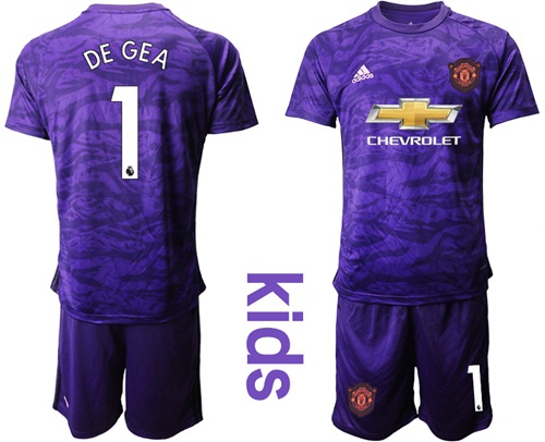 Manchester United #1 De Gea Purple Goalkeeper Kid Soccer Club Jersey