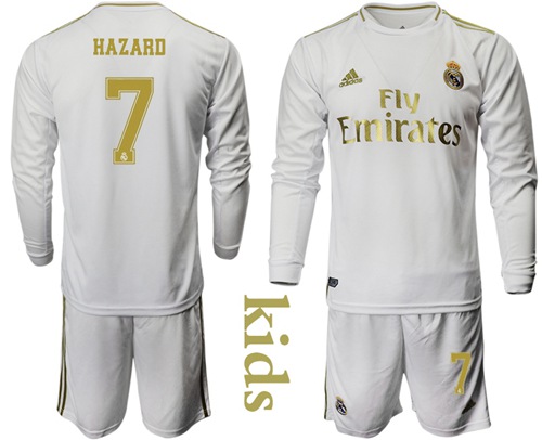 Real Madrid #7 Hazard Home Long Sleeves Kid Soccer Club Jersey