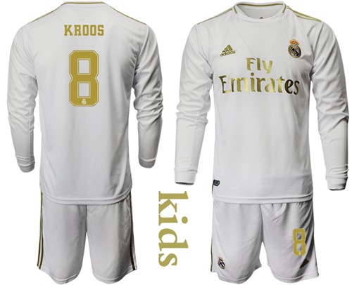 Real Madrid #8 Kroos Home Long Sleeves Kid Soccer Club Jersey