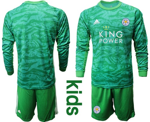 Leicester City Blank Green Goalkeeper Long Sleeves Kid Soccer Club Jersey