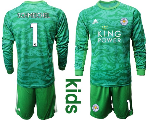 Leicester City #1 Schmeichel Green Goalkeeper Long Sleeves Kid Soccer Club Jersey