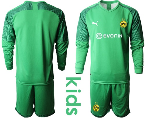 Dortmund Blank Green Goalkeeper Long Sleeves Kid Soccer Club Jersey