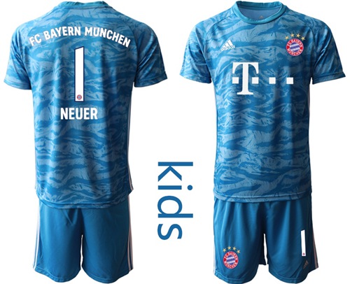 Bayern Munchen #1 Neuer Light Blue Goalkeeper Kid Soccer Club Jersey