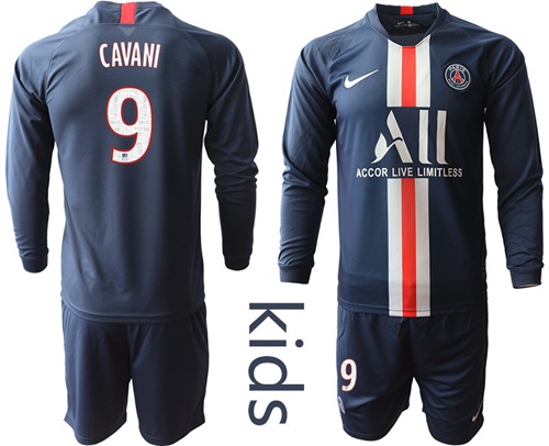Paris Saint-Germain #9 Cavani Home Long Sleeves Kid Soccer Club Jersey
