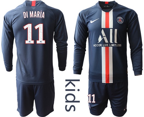 Paris Saint-Germain #11 Di Maria Home Long Sleeves Kid Soccer Club Jersey