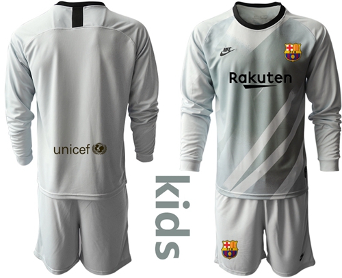 Barcelona Blank Grey Goalkeeper Long Sleeves Kid Soccer Club Jersey