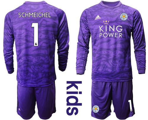 Leicester City #1 Schmeichel Purple Goalkeeper Long Sleeves Kid Soccer Club Jersey