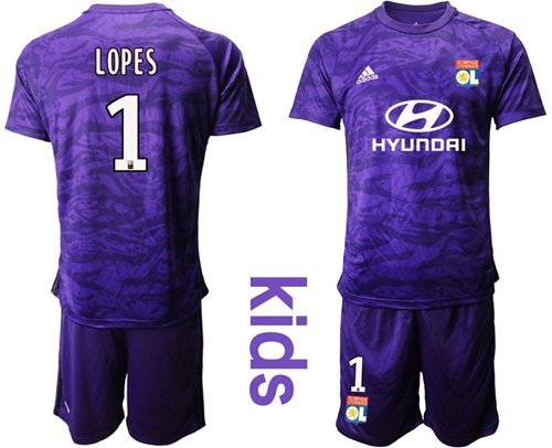 Lyon #1 Lopes Purple Goalkeeper Kid Soccer Club Jersey