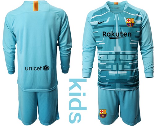 Barcelona Blank Light Blue Goalkeeper Long Sleeves Kid Soccer Club Jersey