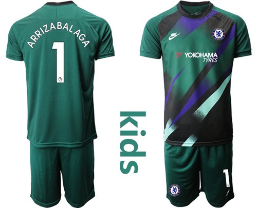 Chelsea #1 Arrizabalaga Green Goalkeeper Kid Soccer Club Jersey