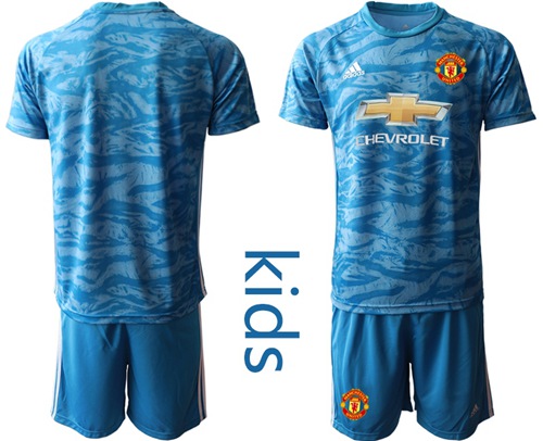Manchester United Blank Light Blue Goalkeeper Kid Soccer Club Jersey