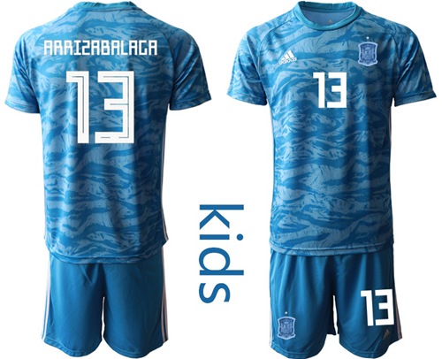 Spain #13 Arrizabalaga Blue Goalkeeper Kid Soccer Country Jersey