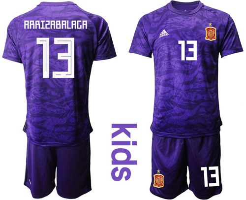 Spain #13 Arrizabalaga Purple Goalkeeper Kid Soccer Country Jersey