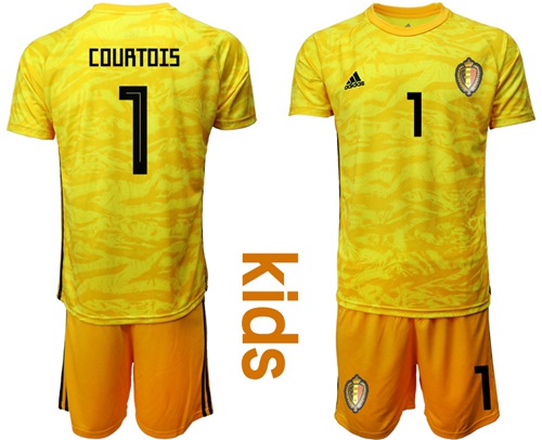 Belgium #1 Courtois Yellow Goalkeeper Kid Soccer Country Jersey