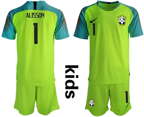 Brazil #1 Alisson Shiny Green Goalkeeper Kid Soccer Country Jersey