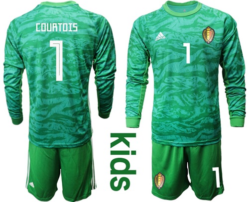 Belgium #1 Courtois Green Goalkeeper Long Sleeves Kid Soccer Country Jersey