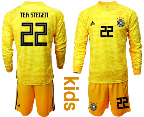 Germany #22 Ter Stegen Yellow Goalkeeper Long Sleeves Kid Soccer Country Jersey