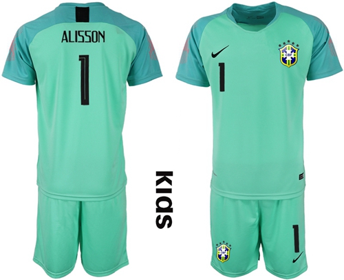 Brazil #1 Alisson Green Goalkeeper Kid Soccer Country Jersey