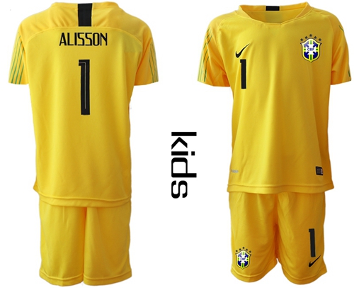 Brazil #1 Alisson Yellow Goalkeeper Kid Soccer Country Jersey