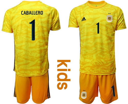 Argentina #1 Caballero Yellow Goalkeeper Kid Soccer Country Jersey