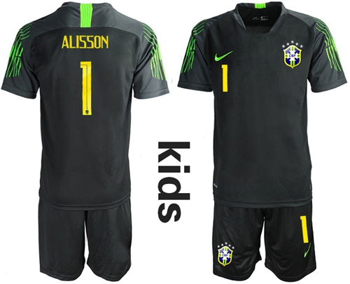Brazil #1 Alisson Black Goalkeeper Kid Soccer Country Jersey