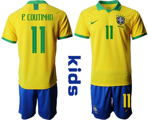 Brazil #11 P.Coutinho Home Kid Soccer Country Jersey