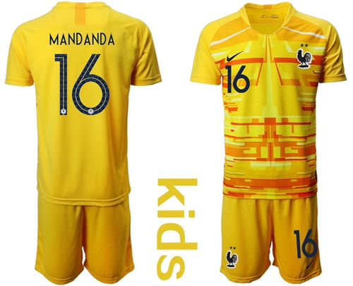 France #16 Mandanda Yellow Goalkeeper Kid Soccer Country Jersey