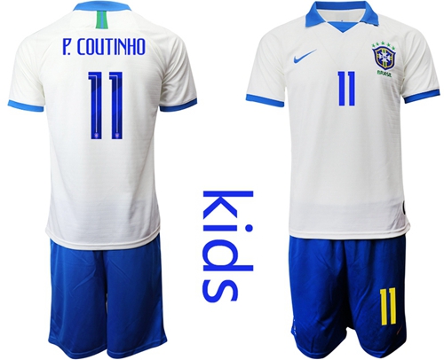 Brazil #11 P.Coutinho White Kid Soccer Country Jersey