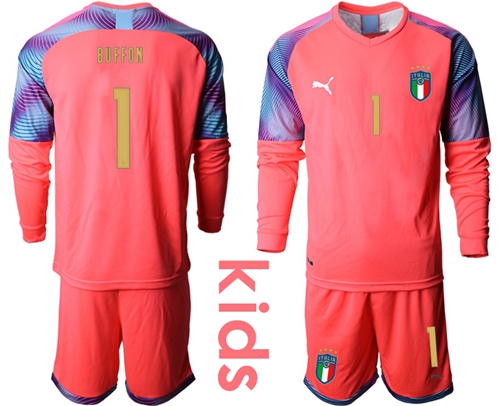 Italy #1 Buffon Pink Goalkeeper Long Sleeves Kid Soccer Country Jersey