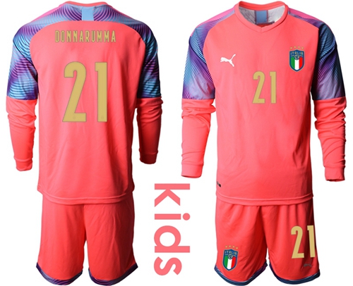 Italy #21 Donnarumma Pink Goalkeeper Long Sleeves Kid Soccer Country Jersey