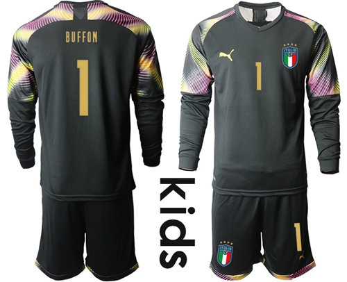 Italy #1 Buffon Black Goalkeeper Long Sleeves Kid Soccer Country Jersey