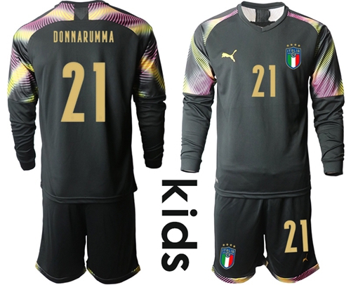 Italy #21 Donnarumma Black Goalkeeper Long Sleeves Kid Soccer Country Jersey