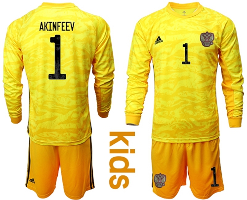 Russia #1 Akinfeev Yellow Goalkeeper Long Sleeves Kid Soccer Country Jersey