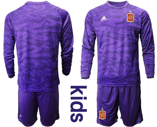 Spain Blank Purple Long Sleeves Goalkeeper Kid Soccer Country Jersey