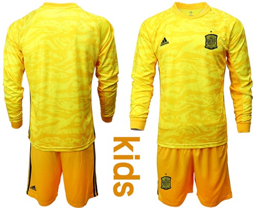Spain Blank Yellow Long Sleeves Goalkeeper Kid Soccer Country Jersey
