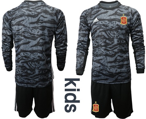 Spain Blank Black Long Sleeves Goalkeeper Kid Soccer Country Jersey