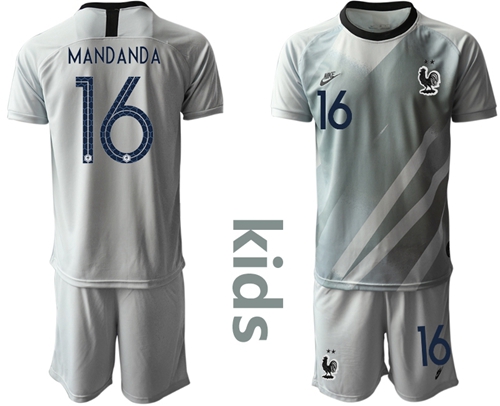 France #16 Mandanda Grey Goalkeeper Kid Soccer Country Jersey