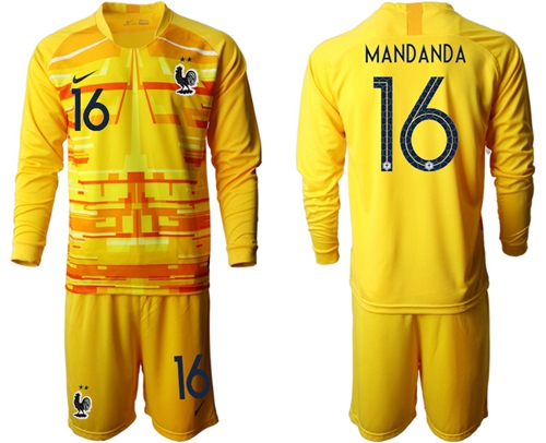 France #16 Mandanda Yellow Goalkeeper Long Sleeves Kid Soccer Country Jersey