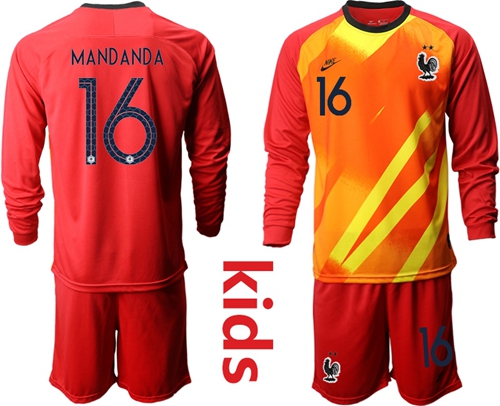 France #16 Mandanda Red Goalkeeper Long Sleeves Kid Soccer Country Jersey