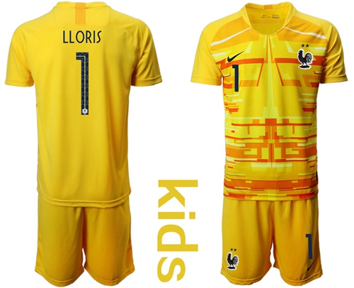 France #1 Lloris Yellow Goalkeeper Kid Soccer Country Jersey