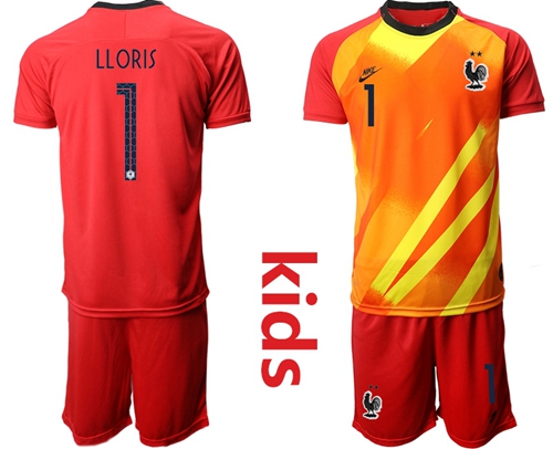 France #1 Lloris Red Goalkeeper Kid Soccer Country Jersey