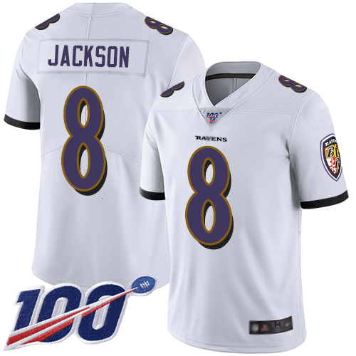 Ravens #8 Lamar Jackson White Youth Stitched Football 100th Season Vapor Limited Jersey
